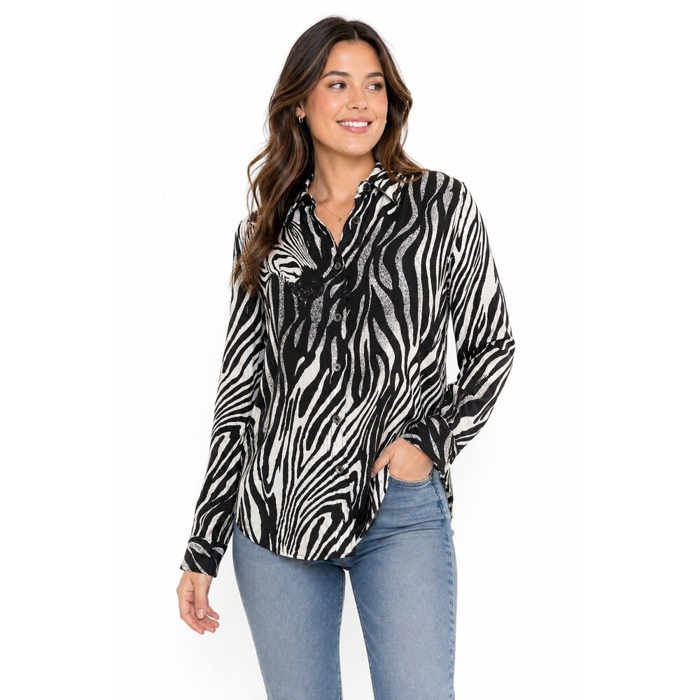 Equipment Femme Women’s Silk Shirt XS Blouse White Black Zebra Print Button
